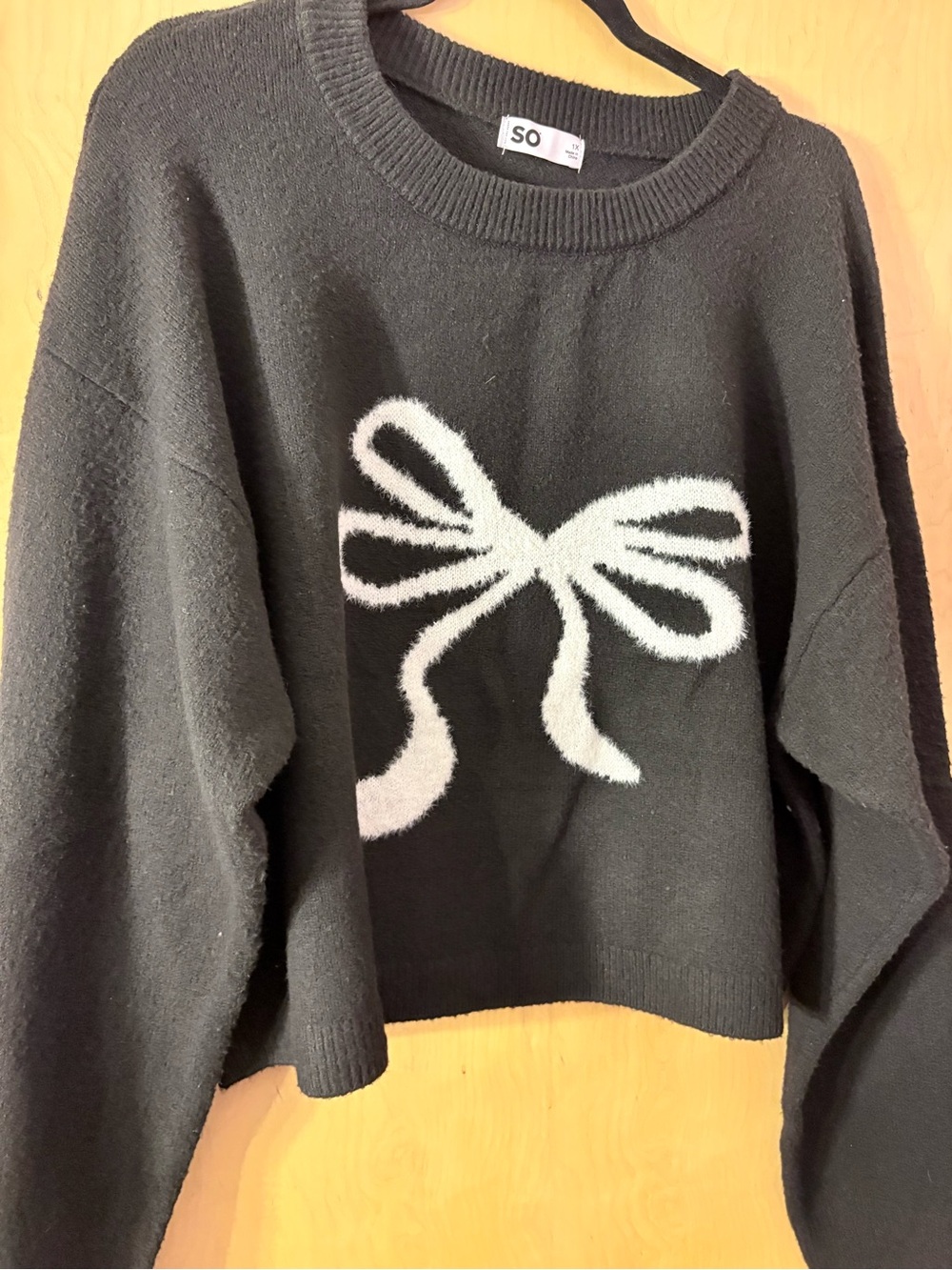 SO Black Crewneck Sweater with White Bow Graphic cropped